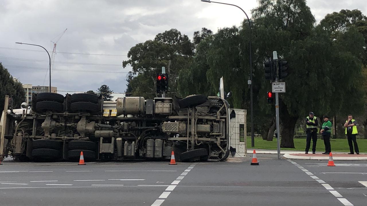 The truck rollover on the corner of East Tce and Pirie St. Picture: Emily Cosenza