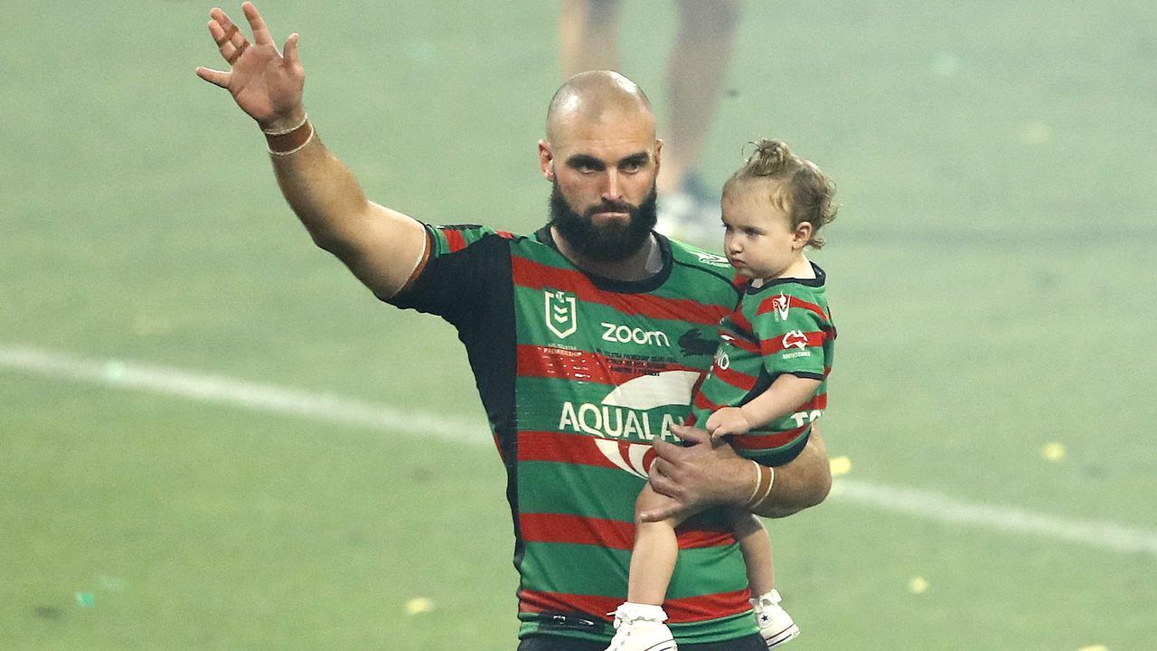 Mark Nicholls with his daughter pictured after the loss to Penrith in the NRL Grand Final between the South Sydney Rabbitohs and the Penrith Panthers, Suncorp Stadium, Brisbane 3rd of October 2021. (Image/Josh Woning)