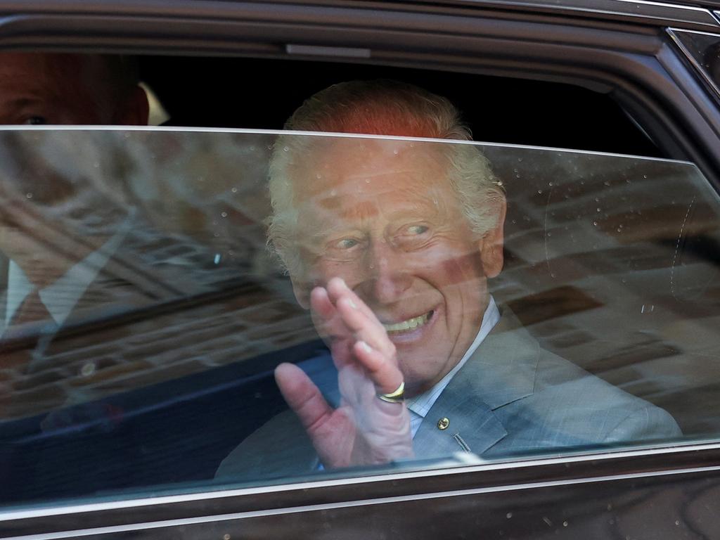 King Charles III waves after attending a church service officiated by Anglican Archbishop of Sydney Reverend Kanishka Raffel at St. Thomas's Anglican Church in Sydney. Picture: NewsWire / Toby Melville