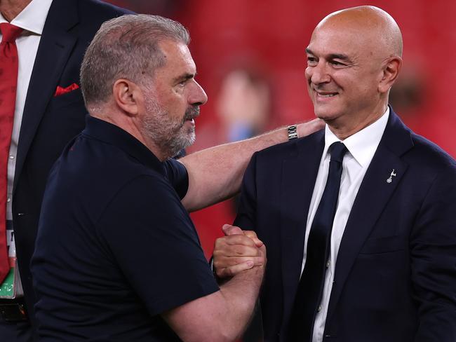 BILBAO, SPAIN - MAY 21: Daniel Levy, Chairman of Tottenham Hotspur, greets Ange Postecoglou, Manager of Tottenham Hotspur, following the UEFA Europa League Final 2025 between Tottenham Hotspur and Manchester United at  on May 21, 2025 in Bilbao, Spain. (Photo by Ryan Pierse/Getty Images)