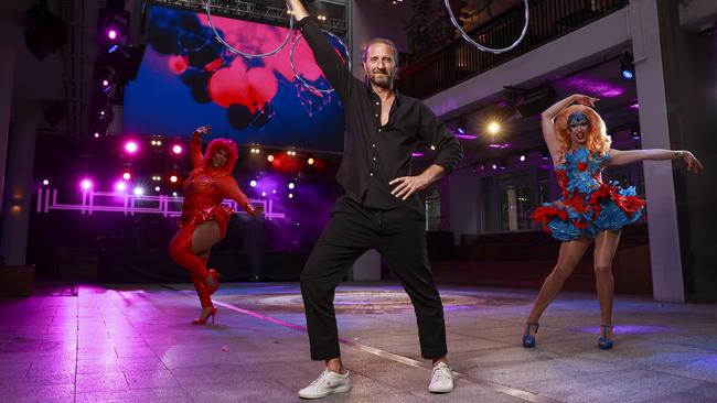 Justin Hemmes dancing his way out of lockdown with Coco Jumbo and Sia Tequila, at The Ivy, Sydney CBD. Picture: Justin Lloyd.