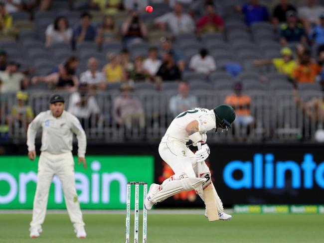 Australian batsman Matthew Wade ducks under a Kiwi bouncer in Perth. Picture: Picture: AAP