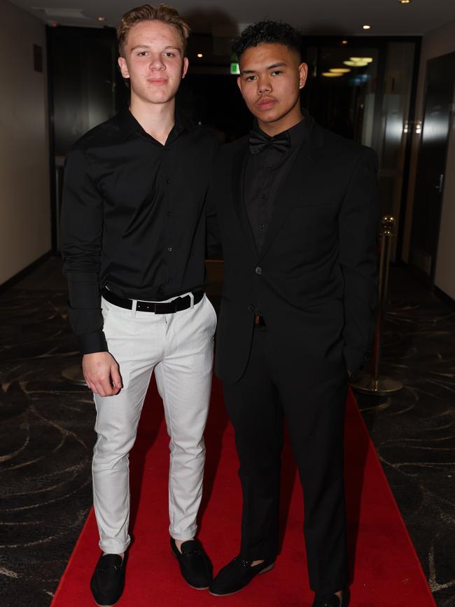 MELBOURNE, AUSTRALIA – JUNE 14 2024 Bryson Savage and Rawry Porter attend the Lowanna College Senior Formal 2024 at the Moe Racing Club Picture: Brendan Beckett