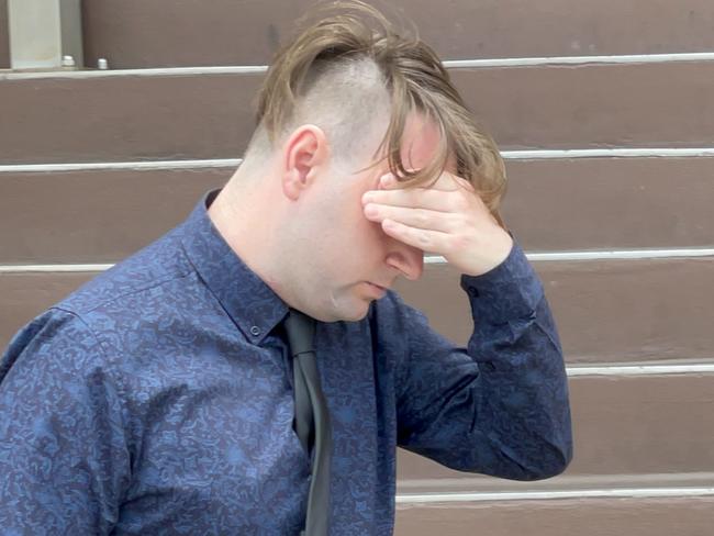 New South Wales man Mark John Black, 28, (dark button up shirt, tie, black slacks) leaves Mackay Magistrates Court after pleading guilty to the fatal crash that claimed the life of David Collins on September 16, 2023 on the Bruce Hwy at Yalboroo. Picture: Janessa Ekert