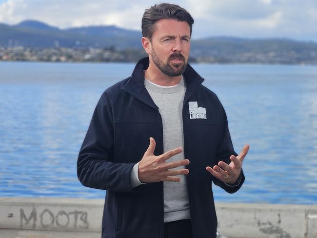 Liberal Senator Jonno Duniam speaks to the media on the Hobart waterfront on Wednesday, April 30, 2025.