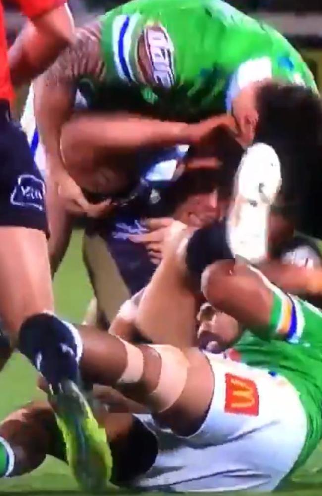 Canberra's John Bateman escaped charge for this tackle on Wade Graham.