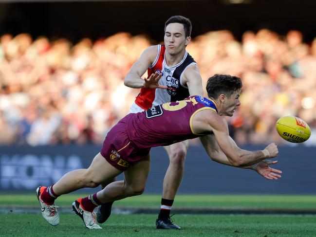 Josh Dunkley handpasses to a teammate during Brisbane’s win over St Kilda last month. Picture: Russell Freeman/AFL Photos via Getty Images