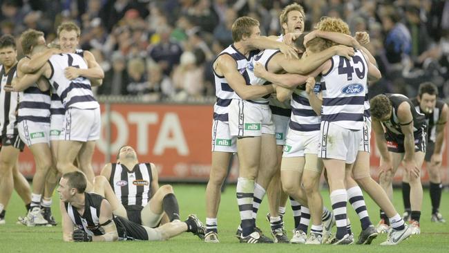 Geelong players celebrate their narrow escape in the 2007 preliminary final.