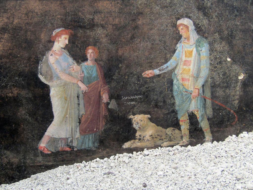 On April 11, 2024, the park released this image of a fresco featuring mythological characters Helen and Paris, according to the Greek inscription between the two, discovered during ongoing excavations. Picture: Parco Archeologico di Pompeii press office/AFP