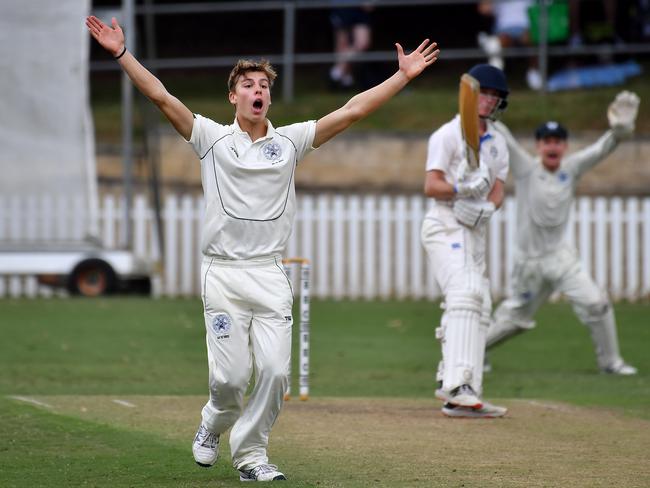 Brisbane Boys college bowler Jack Hogarth appeals for a LBW GPS first cricket between Nudgee college and Brisbane Boys college.Saturday February 19, 2022. Picture, John Gass