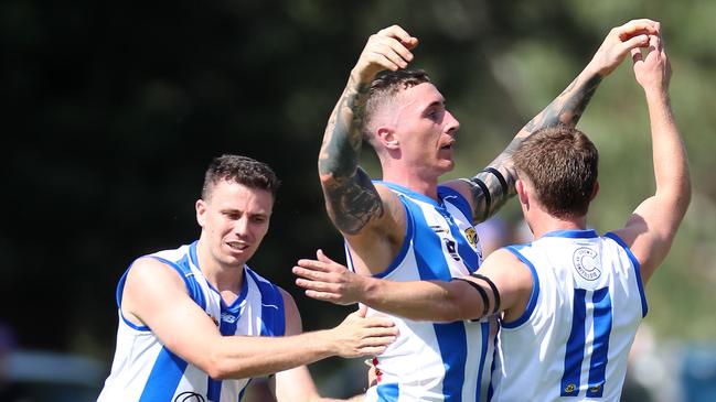 Corowa Rutherglen celebrates his goal earlier this year. Picture Yuri Kouzmin