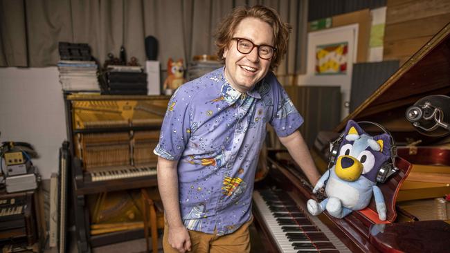 Bluey soundtrack composer Joff Bush in his studio in Brisbane. Picture: Glenn Hunt