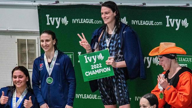 Transgender swimmer Lia Thomas celebrates taking first place in the 500 yard freestyle during the Women's Ivy League Swimming &amp; Diving Championships at Harvard University. Picture: AFP