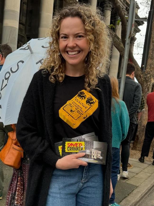 Nadia Clancy MP at the rally with “Saved the Cranker” material. Picture: Instagram / @nadiaclancy