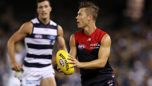 Jake Melksham in action for Melbourne against Geelong. Picture: Michael Klein