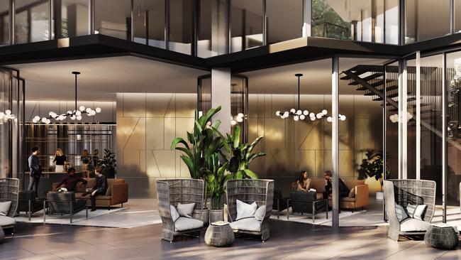 A render showing the lobby of the 25hours hotel planned for the site.