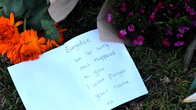 One of many cards in a memorial for murdered comedian Eurydice Dixon. Picture: Nicole Garmston.