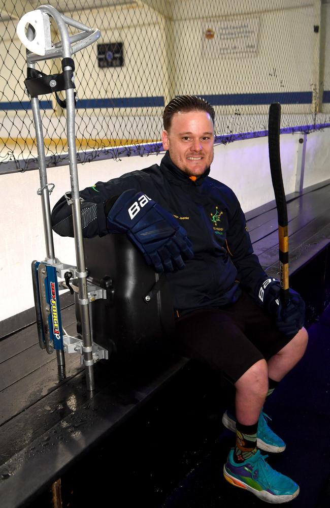 Townsville para athlete Damon Jaenke, at the Warrina Ice Rink, has been selected for the Australian ice hockey team for the upcoming C Pool World Championships in Thailand. Picture: Evan Morgan.