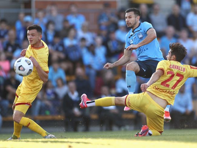 SYDNEY, AUSTRALIA - APRIL 18: Kosta Barbarouses of Sydney FC attempts a shot at goal during the A-League match between Sydney FC and Adelaide United at Leichhardt Oval, on April 18, 2021, in Sydney, Australia. (Photo by Cameron Spencer/Getty Images)