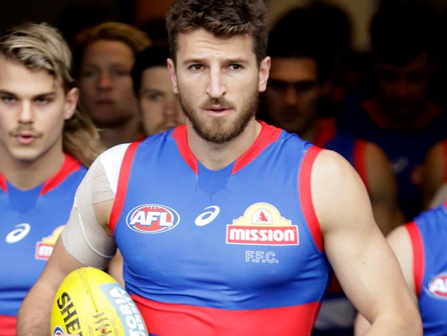 LAUNCESTON, AUSTRALIA - AUGUST 29: Marcus Bontempelli of the Bulldogs leads the team out during the 2021 AFL First Elimination Final match between the Western Bulldogs and the Essendon Bombers at University of Tasmania Stadium on August 29, 2021 in Launceston, Australia. (Photo by Grant Viney/AFL Photos via Getty Images)