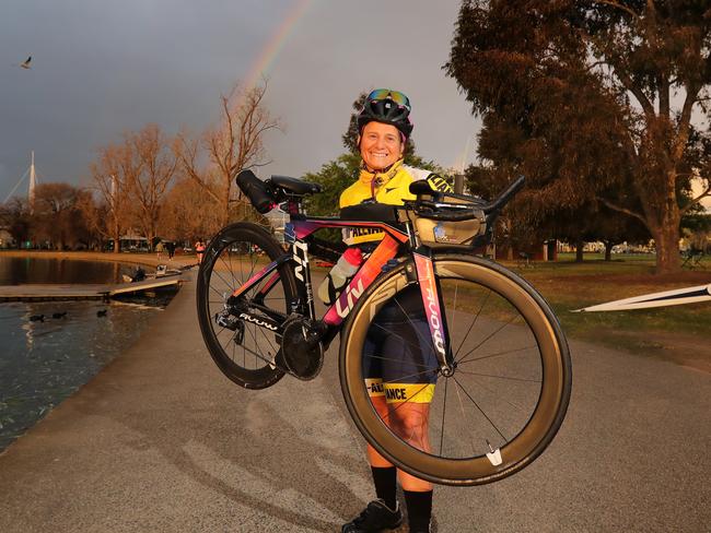 10/10/2019: Pam Tunas, 54 does triathlons to stay fit. She knows putting in the health hard yards now will hold her in good stead for later in life.  Stuart McEvoy/The Australian.