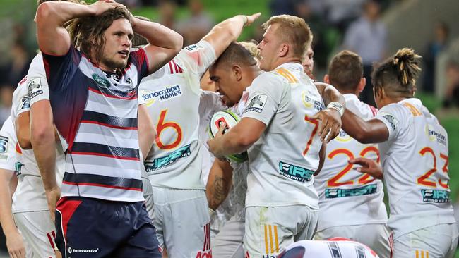 MELBOURNE, AUSTRALIA - MARCH 17:  Jordy Reid of the Rebels reacts after Sam Cane of the Chiefs scores a try during the round four Super Rugby match between the Rebels and the Chiefs at AAMI Park on March 17, 2017 in Melbourne, Australia.  (Photo by Scott Barbour/Getty Images)