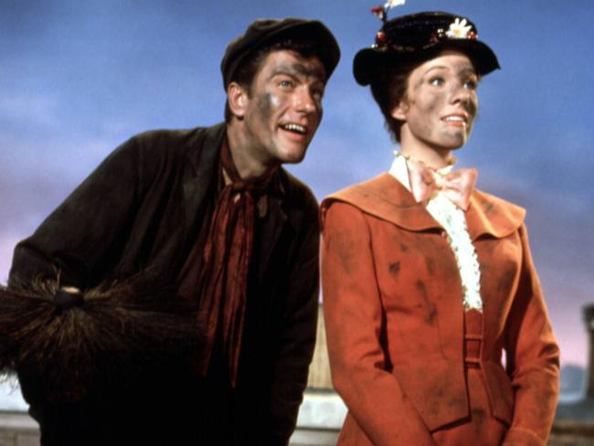 Actors Dick van Dyke and Julie Andrews in <i>Mary Poppins</i>.