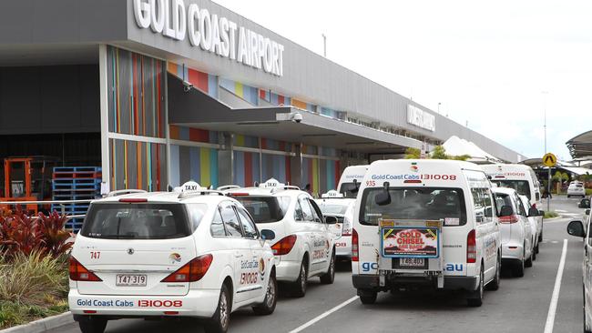 Taxis lining up for business at Gold Coast Airport before the Covid-19 pandemic struck.