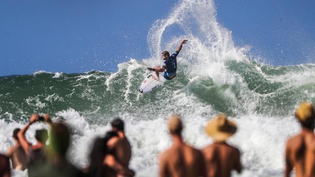 Mick Fanning in the Quiksilver Pro on the Gold Coast. Picture: Nigel Hallett
