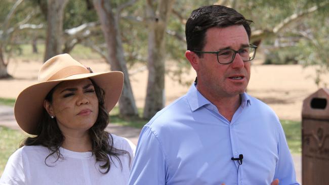 CLP NT senator Jacinta Nampijinpa Price speaking with Nationals leader David Littleproud at Alice Springs. Picture: Gera Kazakov