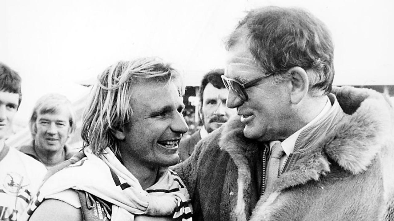 Champion halfback Peter Sterling (L) and coach Jack Gibson celebrate the Eels’ 1983 grand final victory.