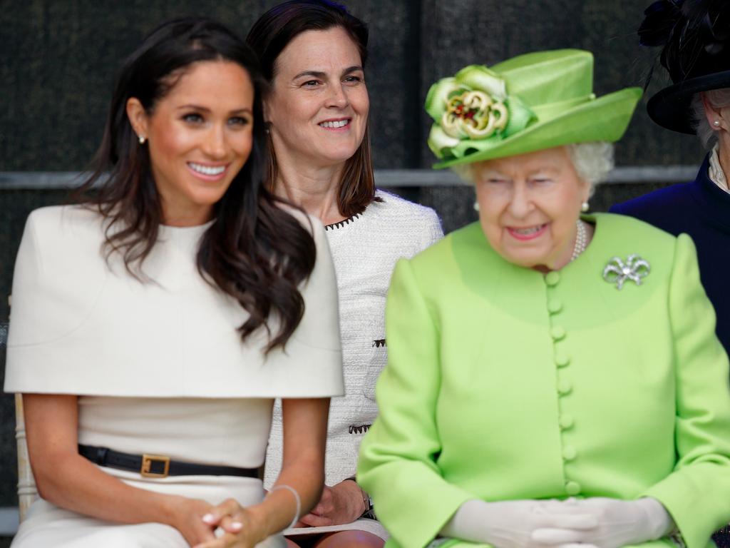 Sam Cohen (back centre) with Meghan, Duchess of Sussex and the Queen at a ceremony to open the new Mersey Gateway Bridge in 2018 in Widnes, England. This was Meghan’s first engagement with the Queen. Picture: Max Mumby/Indigo/Getty Images