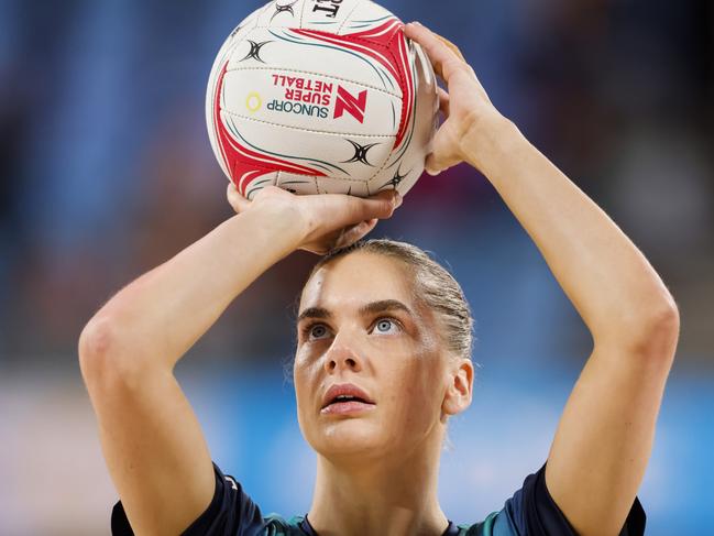 SYDNEY, AUSTRALIA - APRIL 22: Kiera Austin of the Vixens warms up ahead of the round six Super Netball match between NSW Swifts and Melbourne Vixens at Ken Rosewall Arena, on April 22, 2023, in Sydney, Australia. (Photo by Jenny Evans/Getty Images)