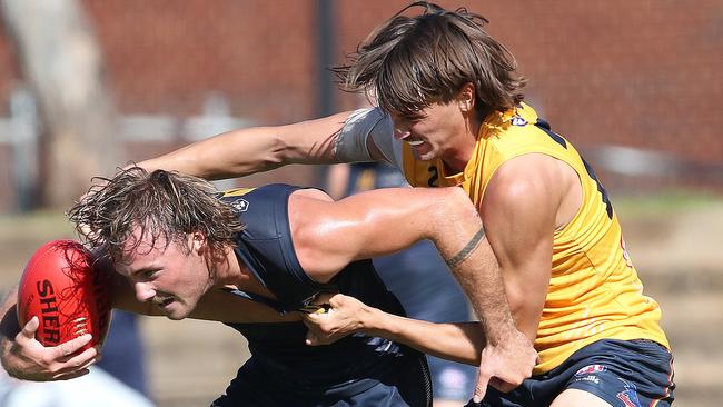 Luke Nankervis, right, has been named in Adelaide’s squad for Sunday’s game. Picture Sarah Reed / AFC