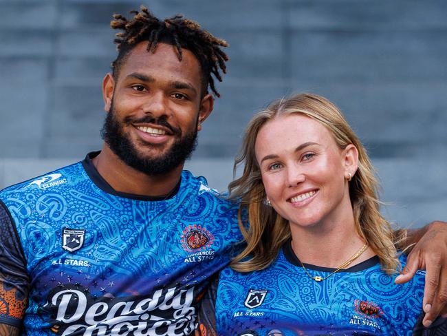 Daily Telegraph. 13, February, 2025.All Stars rugby league players Hamiso Tabuai-Fidow and Jaime Chapman, in Darling Harbour, today. The pair will be in action at CommBank Stadium. Picture: Justin Lloyd.