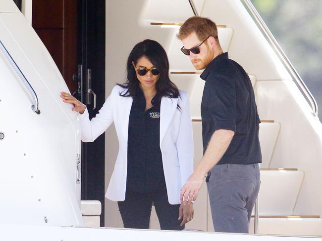 Prince Harry and Meghan arrive on Cockatoo Island for the Invictus Games. Picture: Matrix Media Group