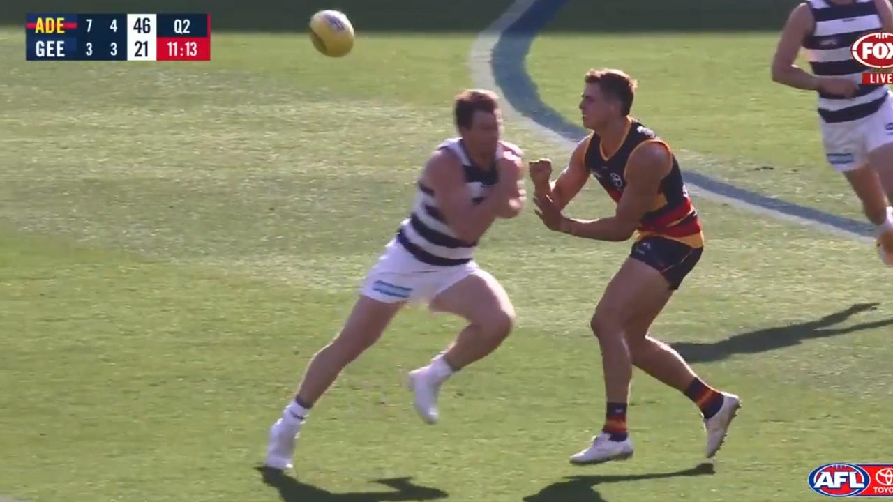 Patrick Dangerfield’s bump on Jake Kelly last season stirred significant debate about head-high hits. Picture: Fox Footy