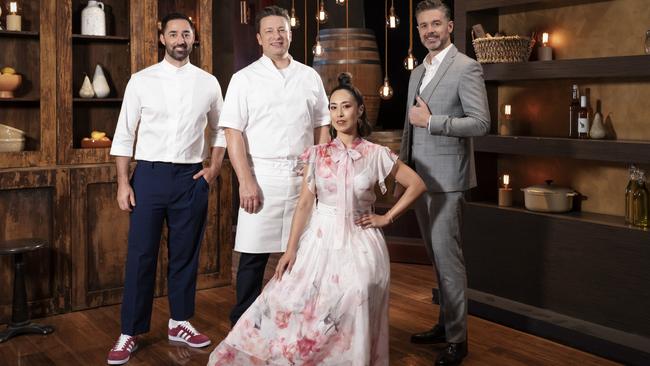 Andy Allen, Jamie Oliver, Melissa Leong and Jock Zonfrillo in the new MasterChef Australia series, which has been delayed after Zonfrillo’s sudden passing. Picture: Channel 10