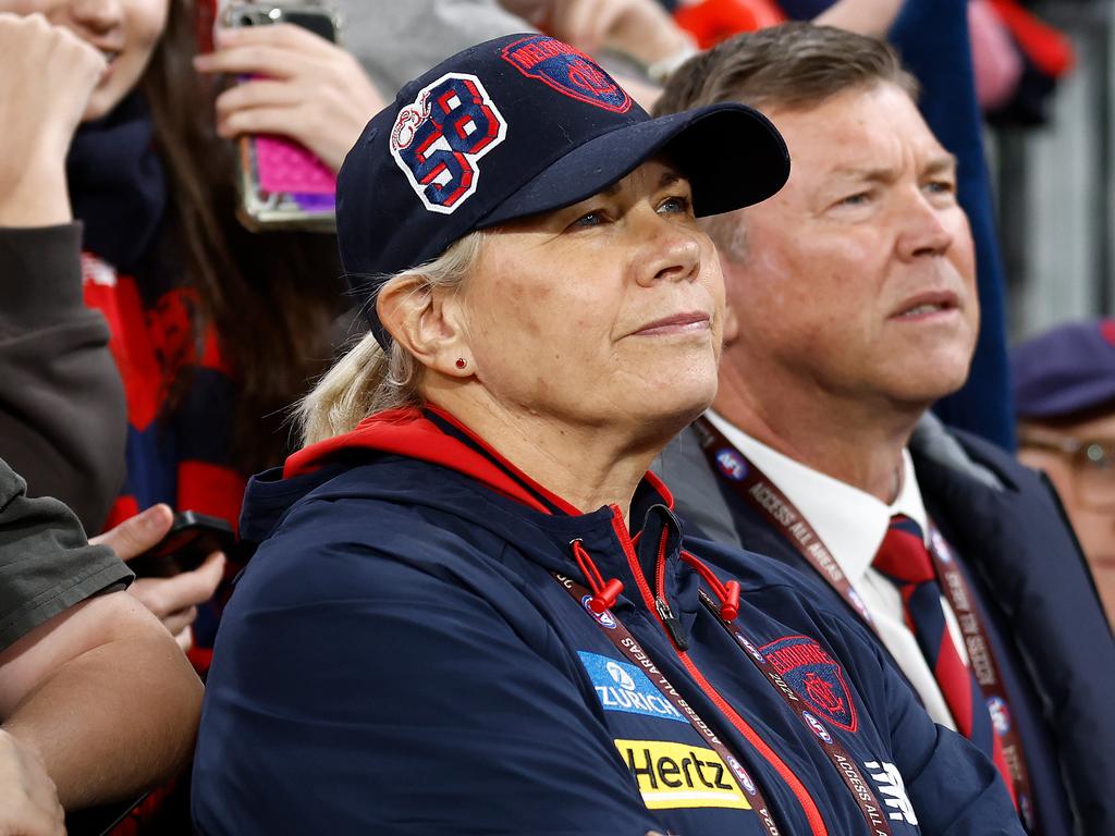 MELBOURNE, AUSTRALIA - MAY 26: Demons President Kate Roffey and CEO Gary Pert are seen during the 2024 AFL Round 11 match between Narrm (Melbourne) and Euro-Yroke (St Kilda) at The Melbourne Cricket Ground on May 26, 2024 in Melbourne, Australia. (Photo by Michael Willson/AFL Photos via Getty Images)