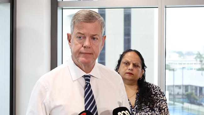 Queensland Health Minister Tim Nicholls held a press conference at the Cairns Hospital with Cairns and Hinterland Hospital and Health Service chief executive Leena Singh, after the state government declared hormone therapies for new gender diverse patients under 18 years old will be paused at public health facilities while a review into the practice is conducted. Picture: Brendan Radke