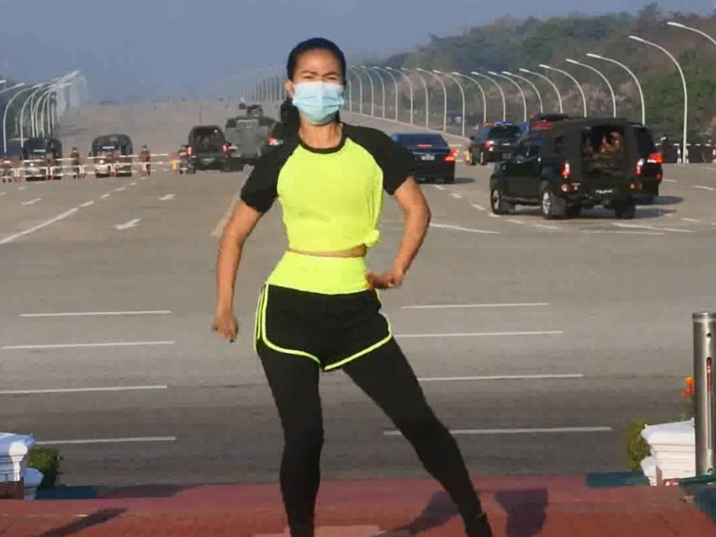 The PE teacher filmed the fitness video, unaware of the military coup taking place behind her. Picture: Khing Hnin Wai/Facebook