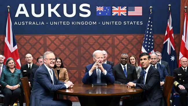 Prime Minister Anthony Albanese, US President Joe Biden and British Prime Minister Rishi Sunak during the AUKUS summit on March 13 at Naval Base Point Loma in San Diego, California. Picture: Jim Watson/AFP