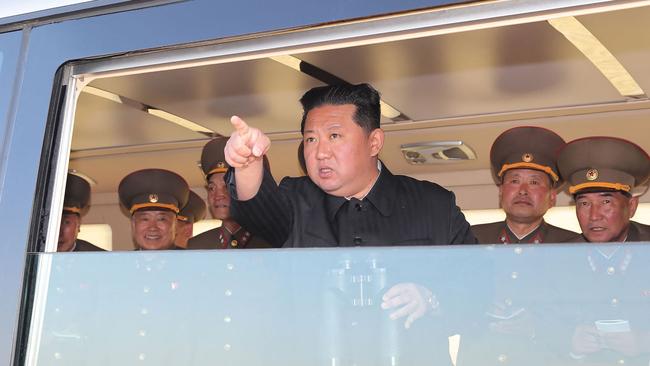 Kim Jong-un observes the test with his generals on Saturday. Picture: KCNA via AFP