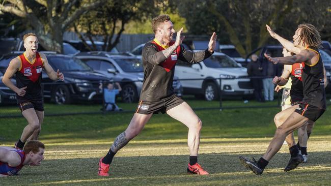 SFNL: Dingley players celebrate a goal. Picture: Valeriu Campan