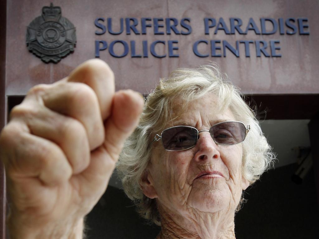 Granny Power: 79 year old Shirley Batten stands outside Surfers Paradise Police Station after she gave a robber what for with a mop at Main Beach .