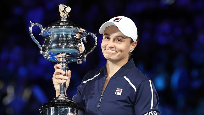 MELBOURNE.  29/01/2022. Australian Open Tennis.  WomenÃs Final.  Ash Barty vs Danielle Collins on Rod Laver Arena.    Ash Barty with the winners trophy  . Photo by Michael Klein