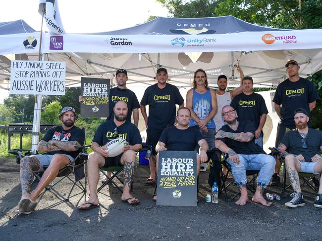 Wongawilli Colliery picket line near Dapto south of Sydney. (Front left to right) Marty Childs 0414842434 and Brendon Elliott 0422463488 with fellow protestors outside the mine.(THE AUSTRALIAN/Simon Bullard)