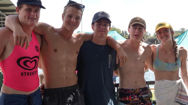 Lachie Ireland, Darcy Lloyd-Phillips, Sunny McRae, Felix Mitchell and Georgia Cameron from Avoca Beach. Two-day surf boat carnival on the Nambucca River hosted by Macksville/Scotts Head Surf Life Saving Club, December 4, 2022. Picture: Chris Knight