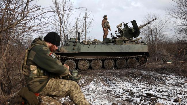 Ukrainian anti-aircraft gunners from their positions in the direction of Bakhmut in the Donetsk region amid the Russian invasion of Ukraine.