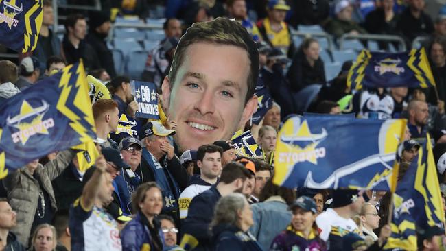 Cowboys fans with a Michael Morgan poster during the NRL Semi Final match against the Parramatta Eels.